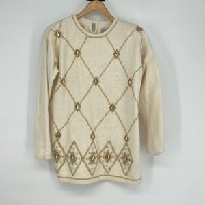 Vintage Cream Angora Silk Blend Beaded Diamond Long Sleeve Sweater Sz M Grandma‎